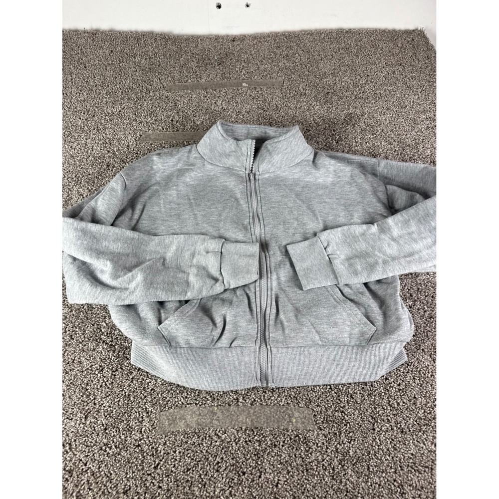Forever 21 Womens XL Gray Full Zip Mock Neck Fleece Sweatshirt Jacket Boxy Crop